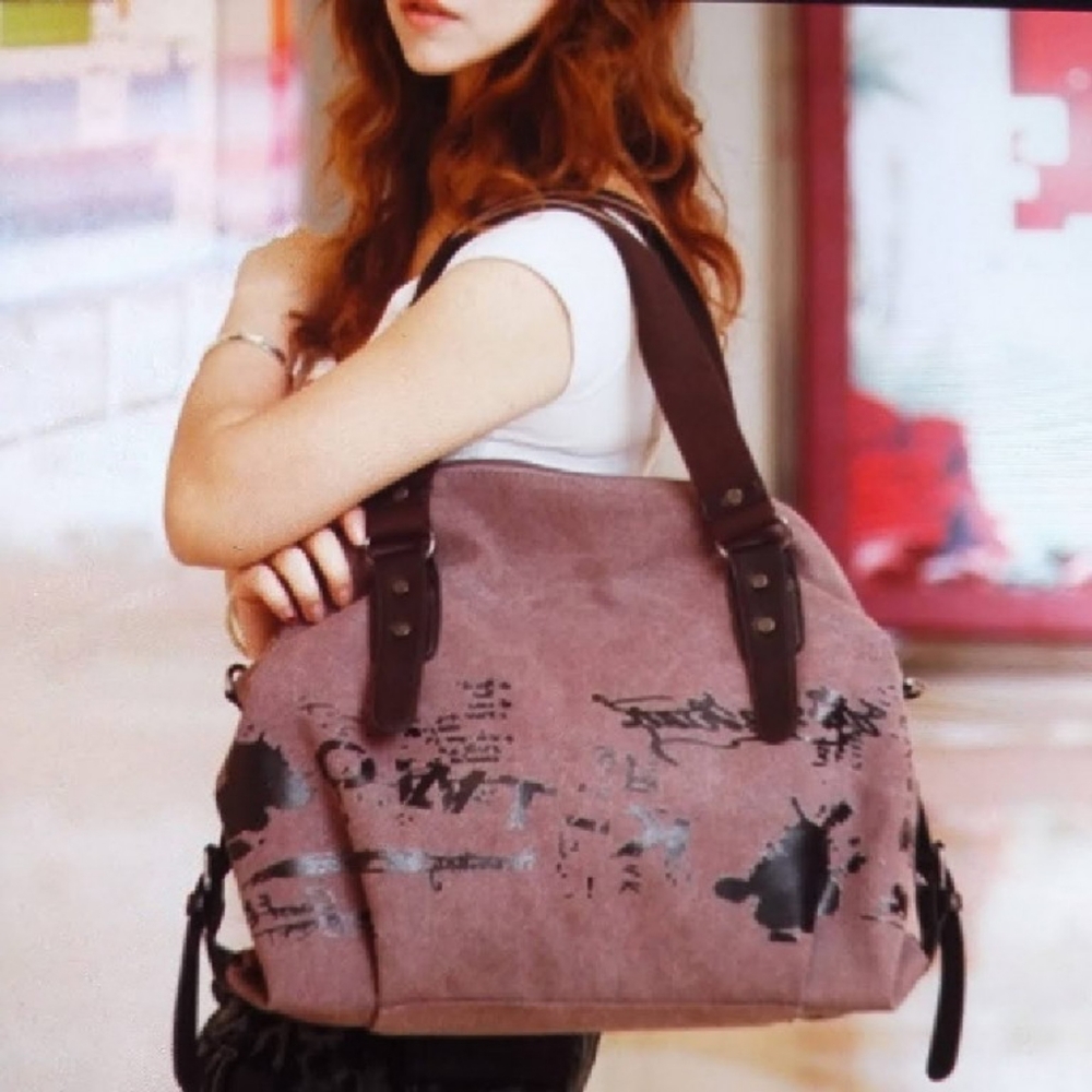 Vintage  Canvas Graffiti Shoulder Bag - Purple coffee